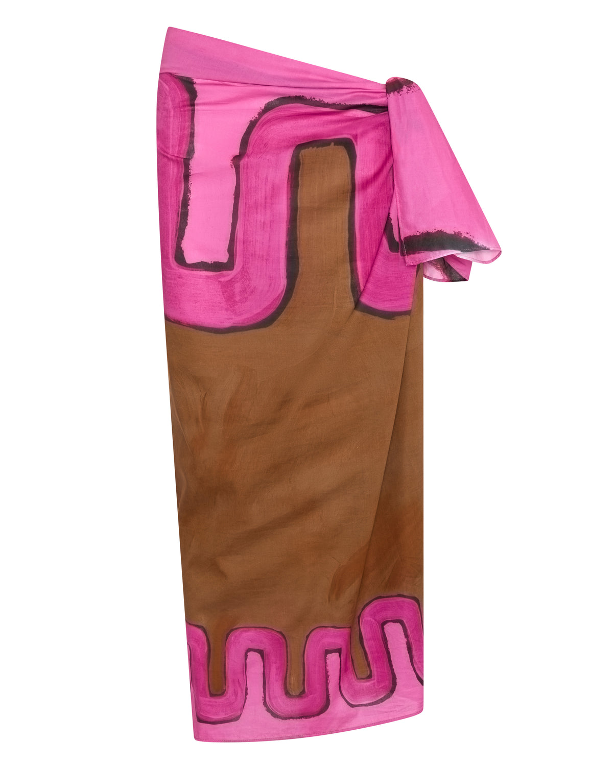 Ritual Sarong in pink and brown print, flat folded view.