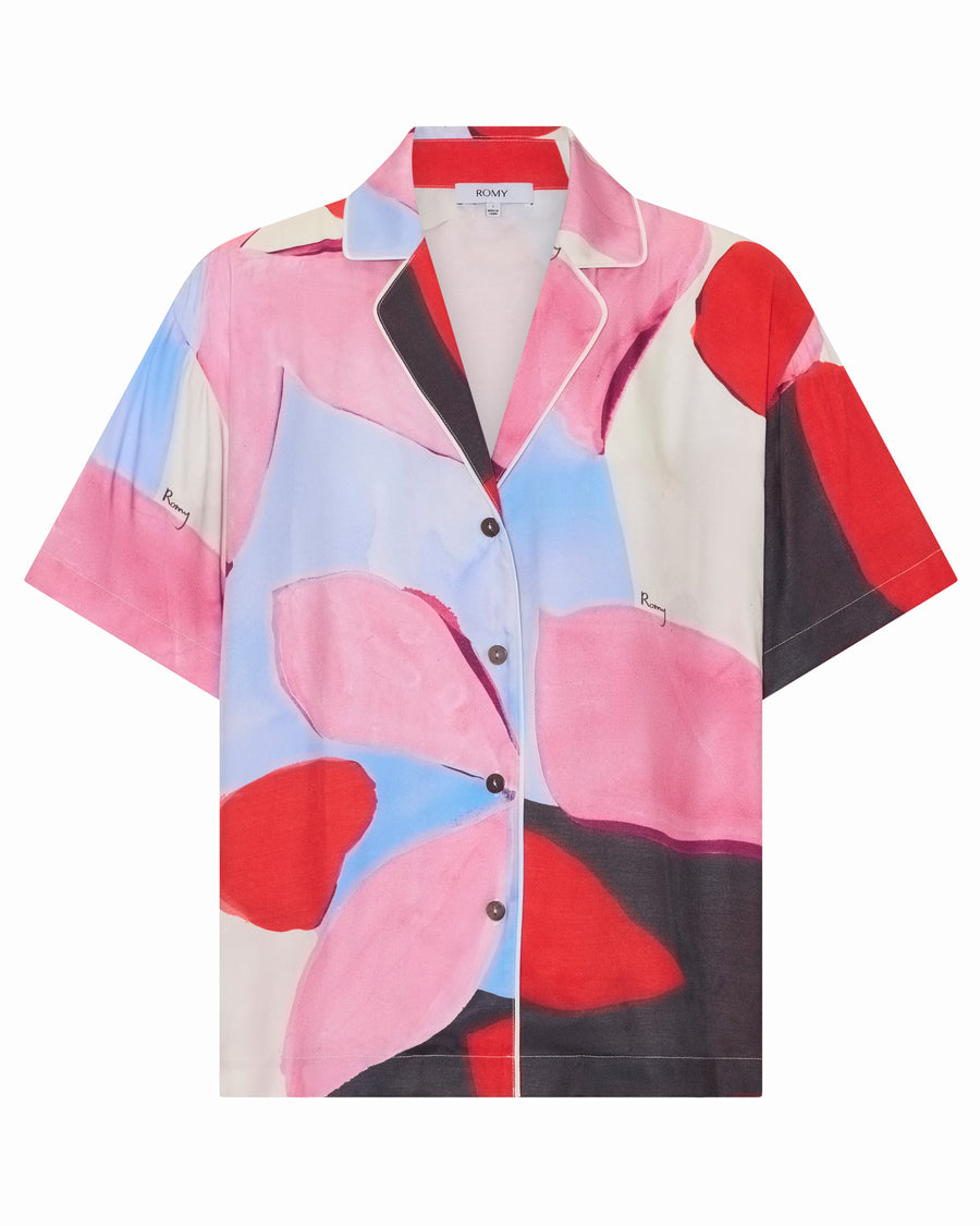 Reese Shirt – tailored button-up shirt with open collar and artistic print by Anne Marie Jackson for Romy The Brand