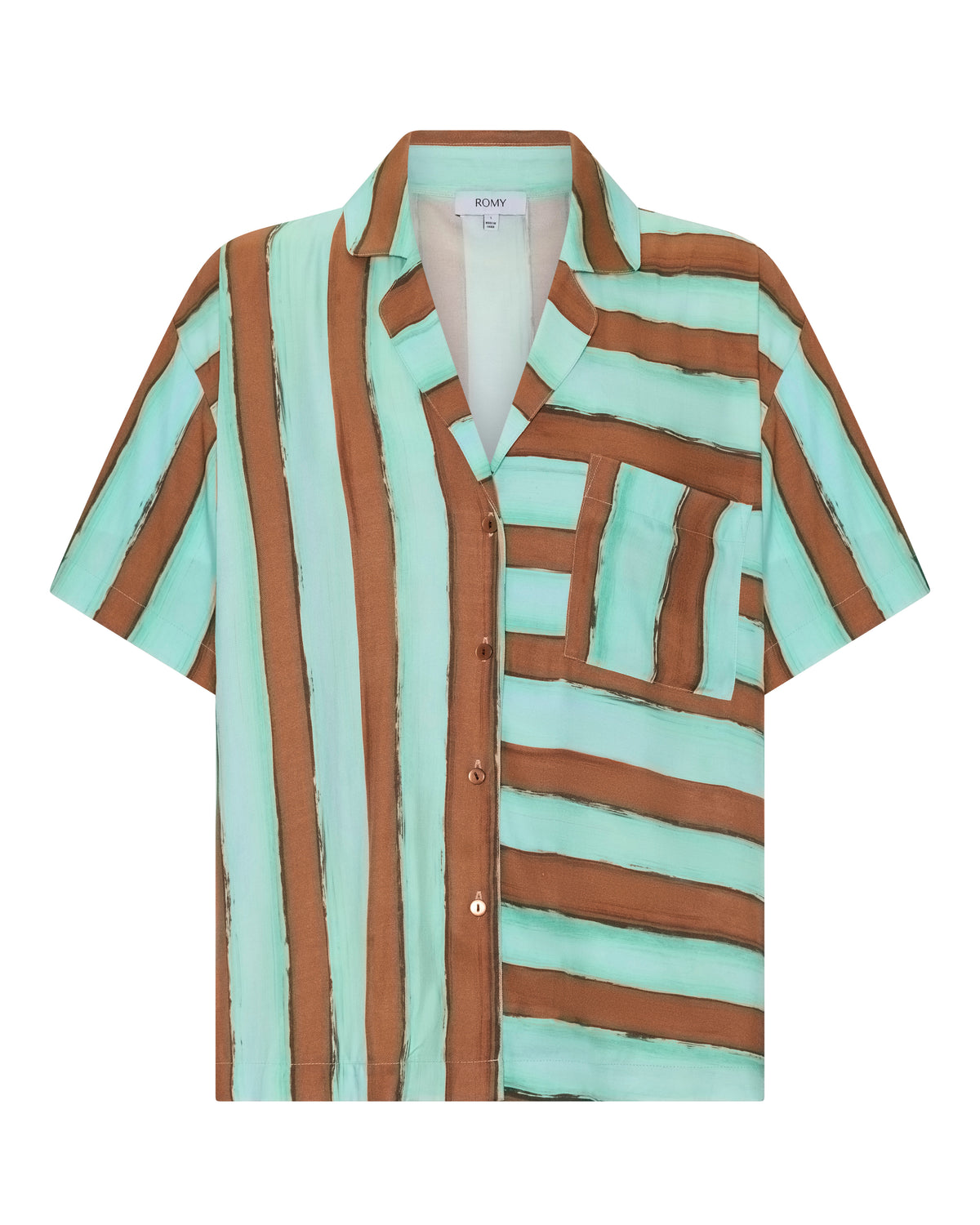 Reese Shirt in aqua and rust hand-painted print, flat front view.