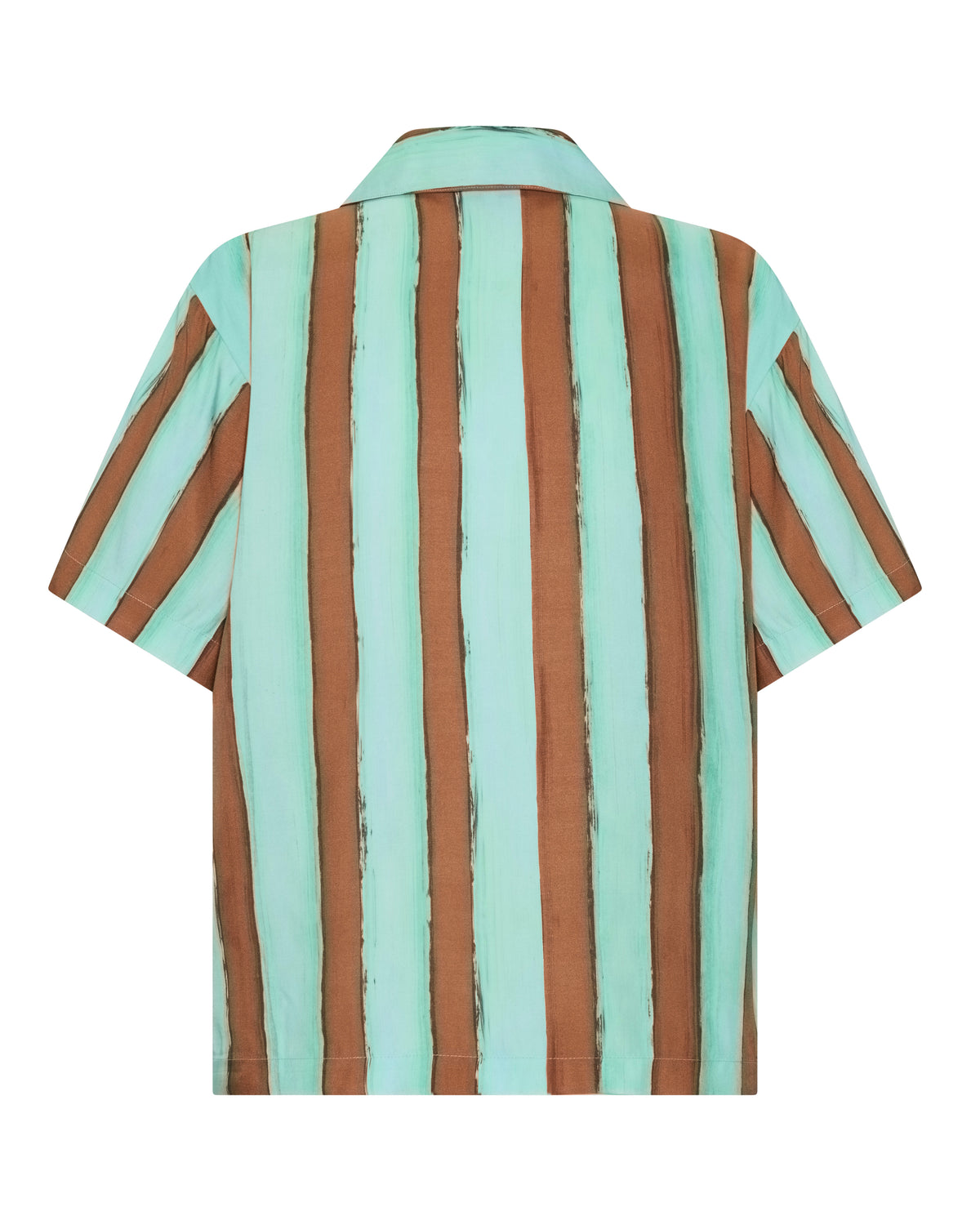 Reese Shirt in aqua and rust hand-painted print, flat back view.
