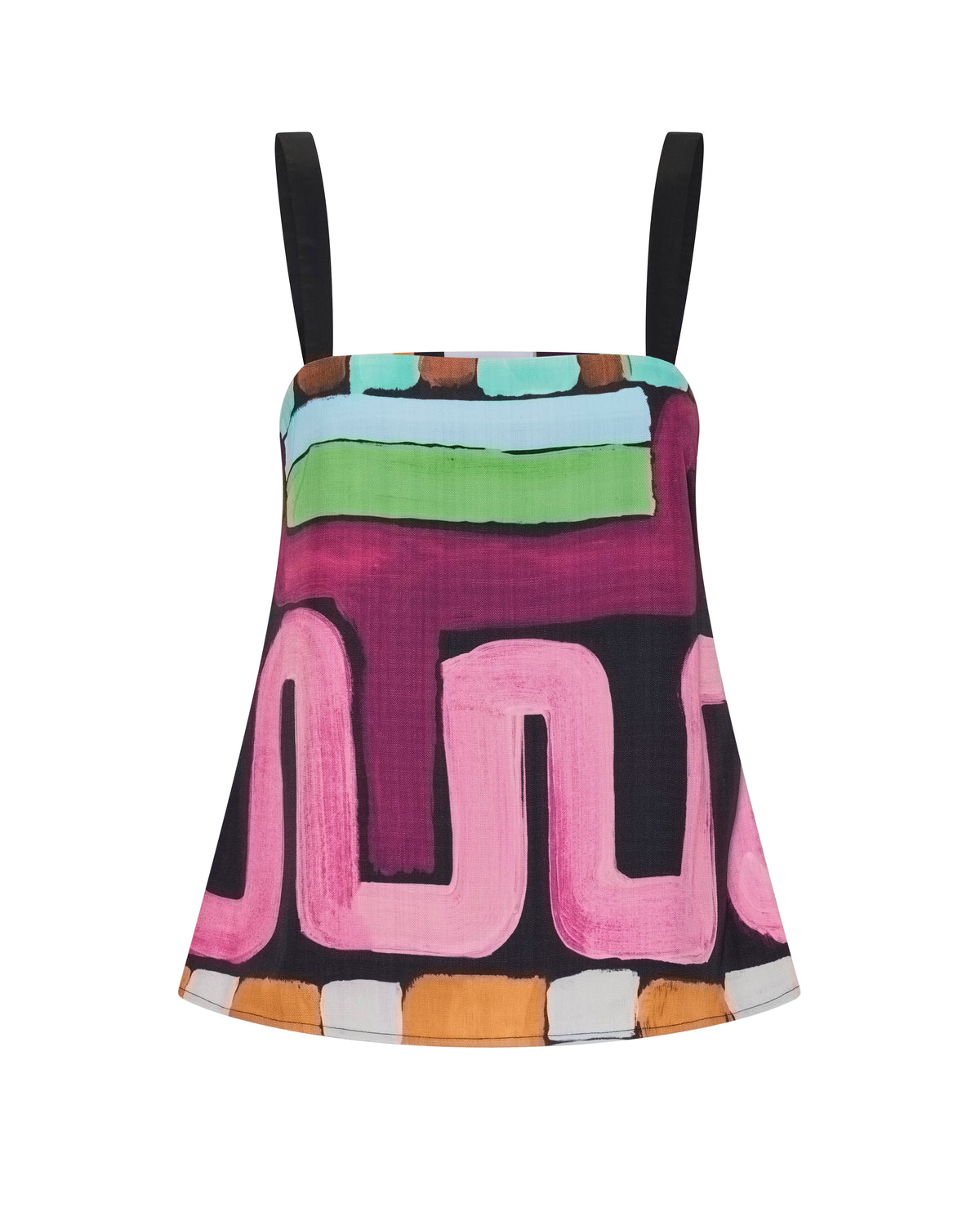 Quinn Top in hand-painted print, flat front view.