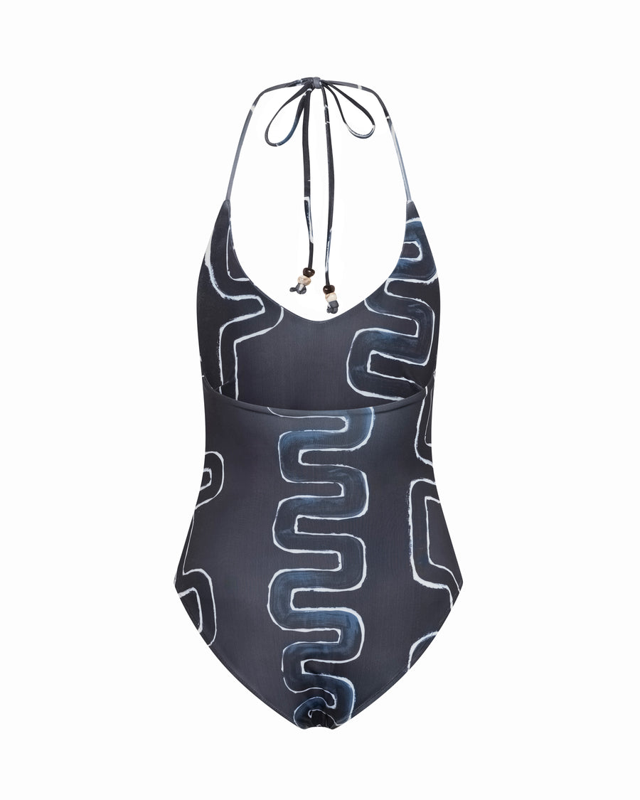 Ritual One Piece Swimsuit – halter full-brief swimsuit with beaded tie and hand-painted Summer ’26 print by Romy The Brand