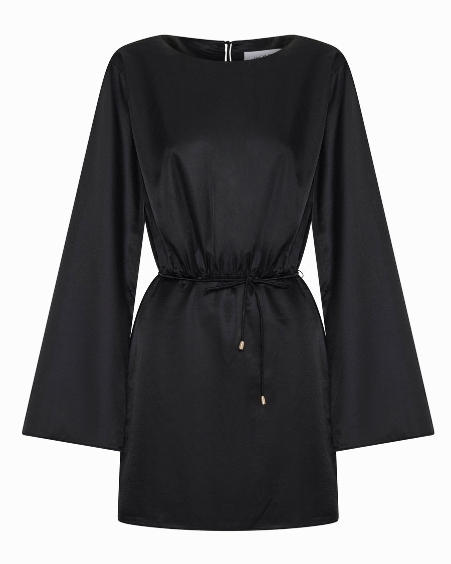 Piper Dress – cotton–silk blend mini dress with belle sleeves, open back tie, and bead detailing by Romy The Brand