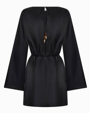 Piper Dress – cotton–silk blend mini dress with belle sleeves, open back tie, and bead detailing by Romy The Brand