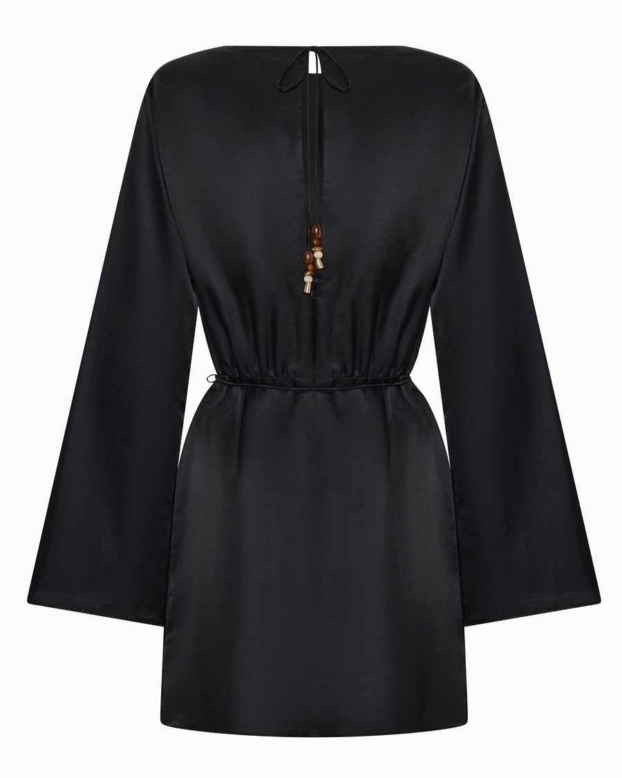 Piper Dress – cotton–silk blend mini dress with belle sleeves, open back tie, and bead detailing by Romy The Brand