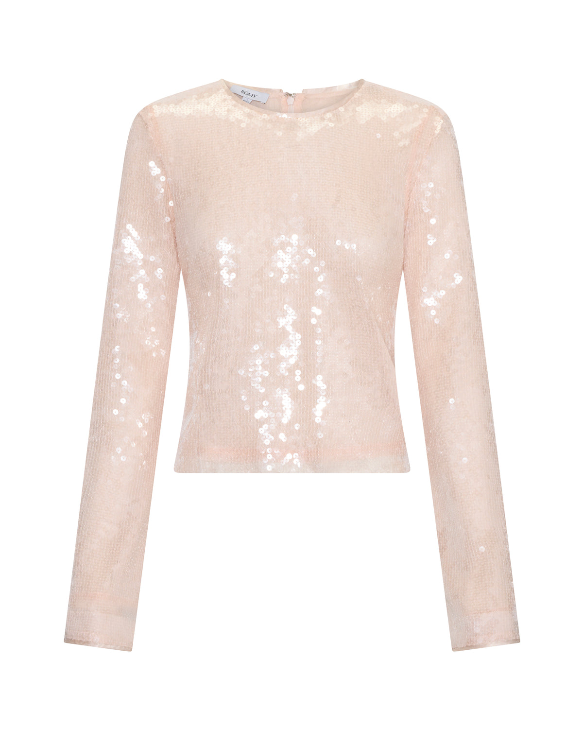 Sara Top in pink sequin with polyester mesh lining, flat front view.