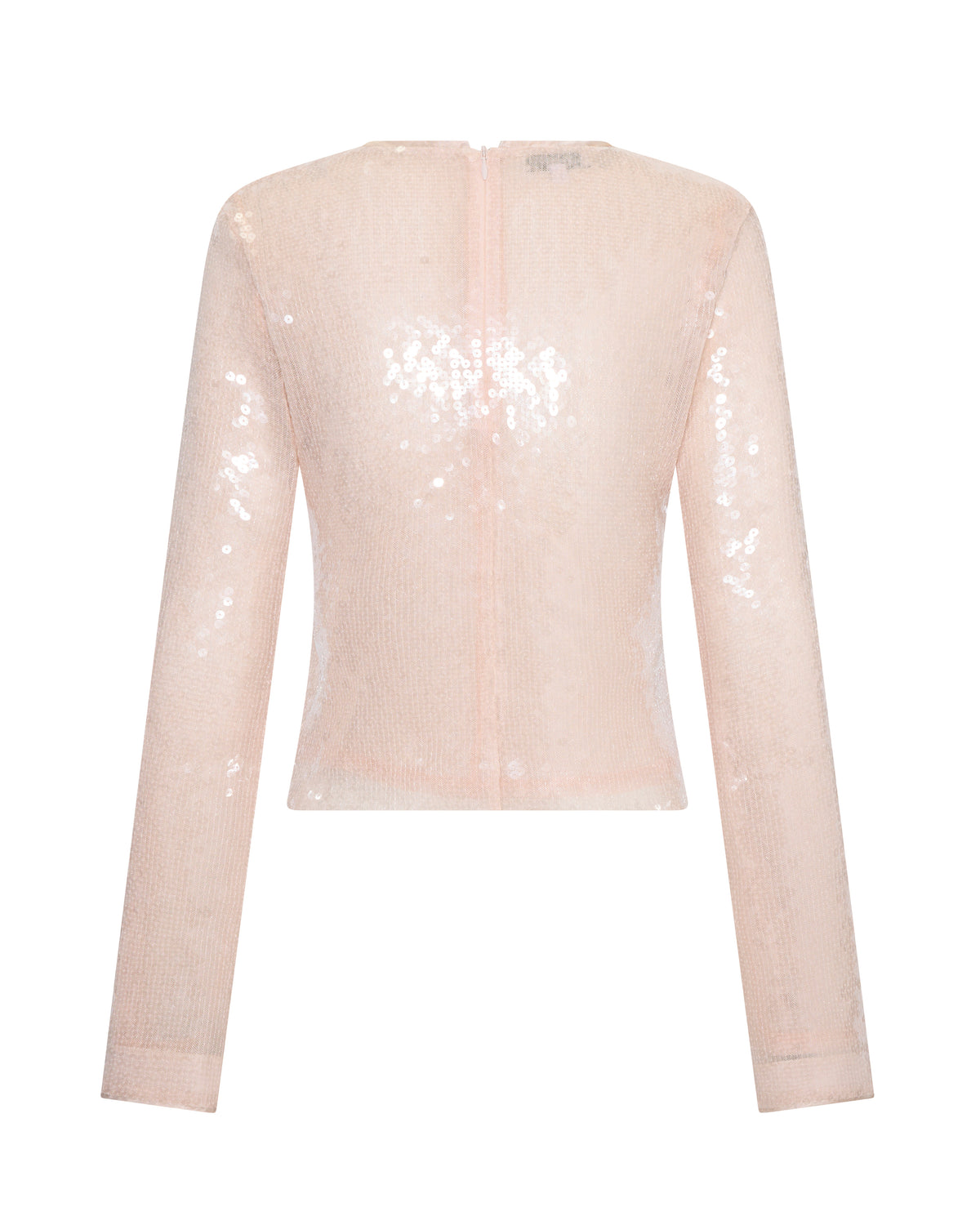 Sara Top in pink sequin with polyester mesh lining, flat back view.