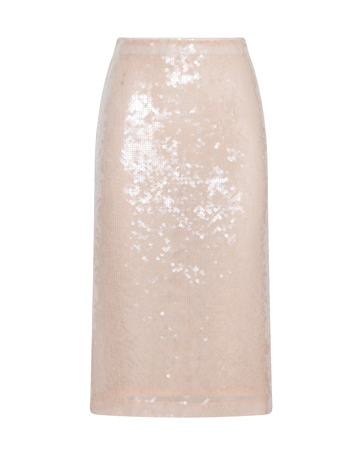 Janey Midi Skirt in pink sequin with polyester mesh lining, flat front view.