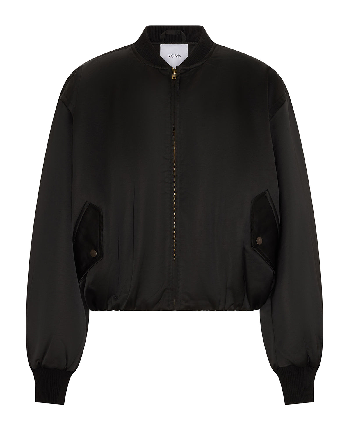 Cate Bomber in black, flat front view.