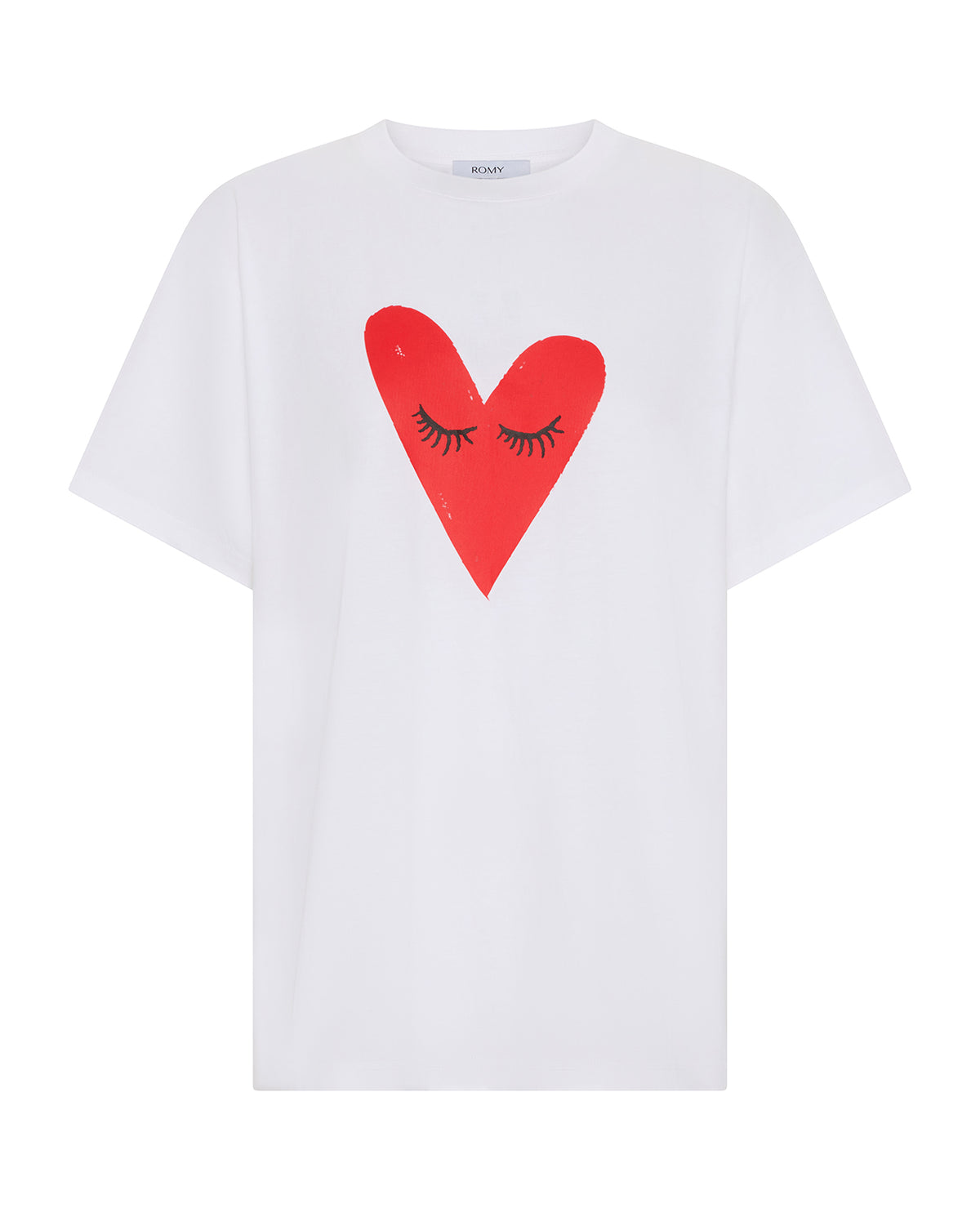 Kiss My Eyes To Sleep Tee in white with red heart, flat front view.