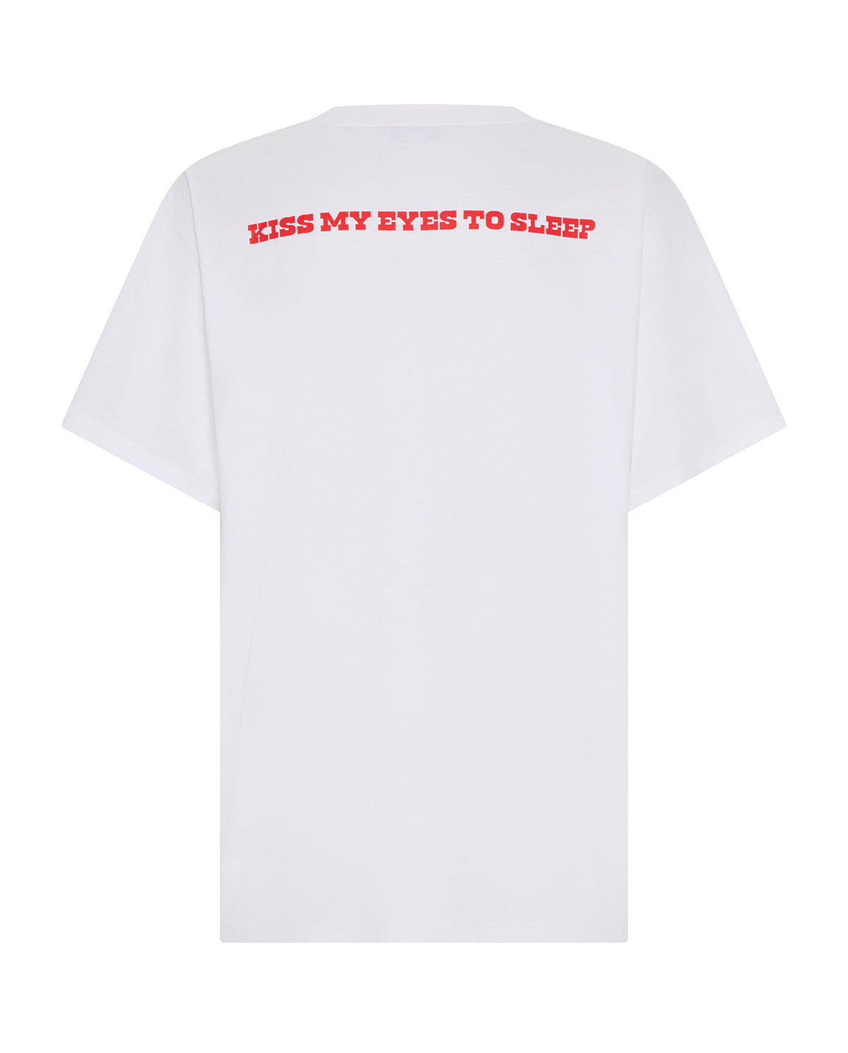 Kiss My Eyes To Sleep Tee in white with red heart, flat back view.