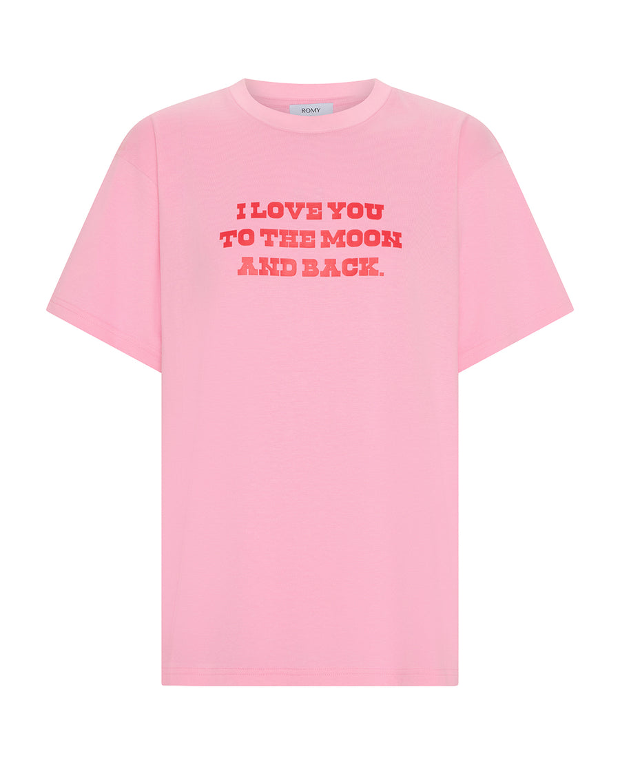 Love You To The Moon and Back tee – pink cotton boyfriend t-shirt with Valentine’s graphic by Romy The Brand