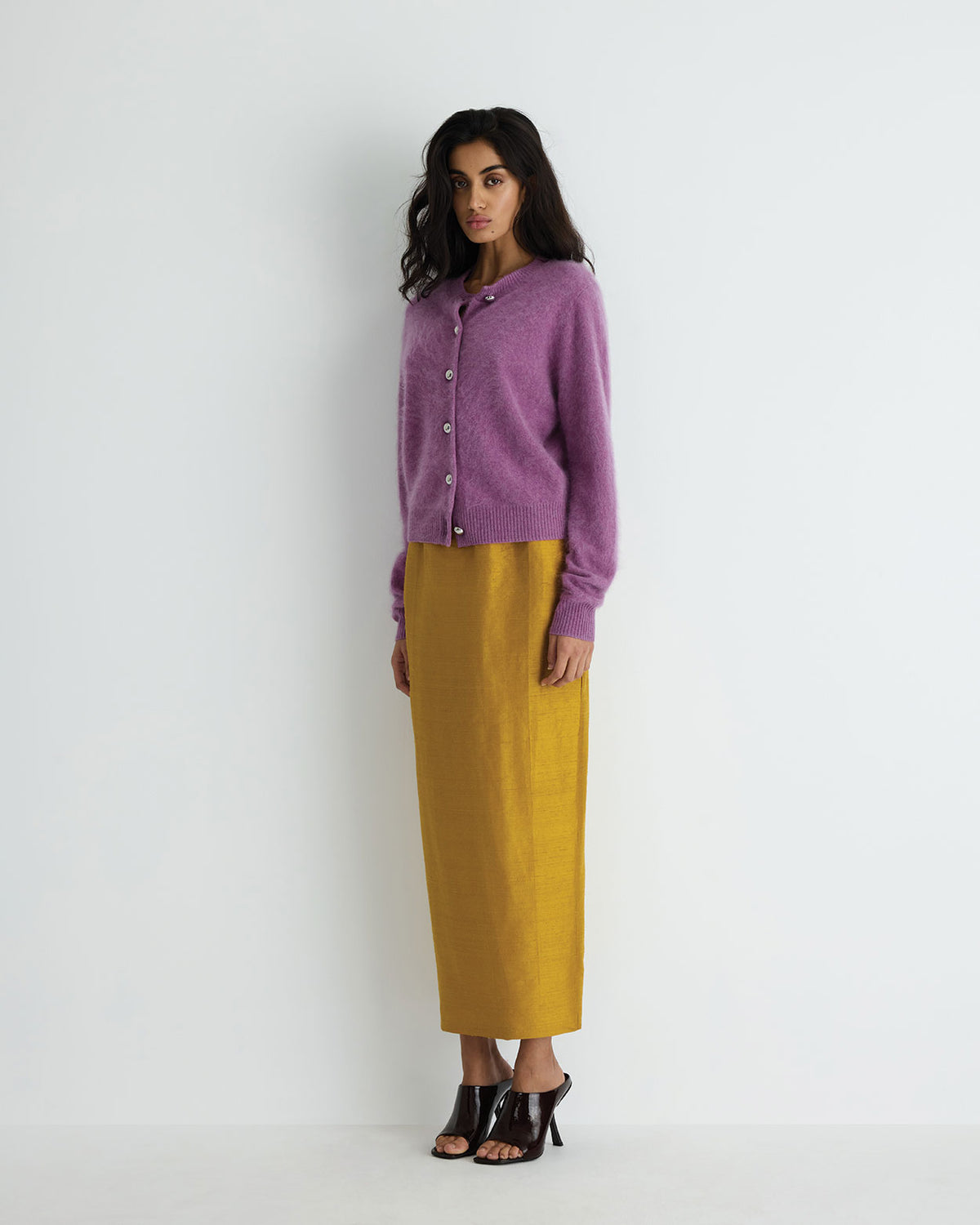 Lucy Cardigan in lilac marle, three-quarter view on model.