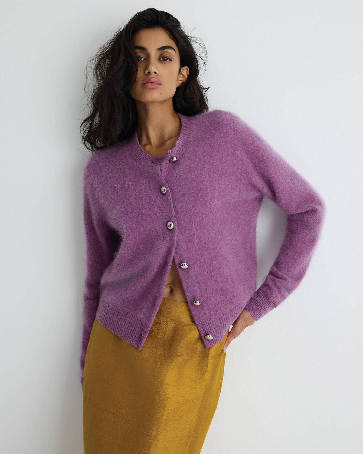 Lucy Cardigan in lilac marle, front close-up on model.