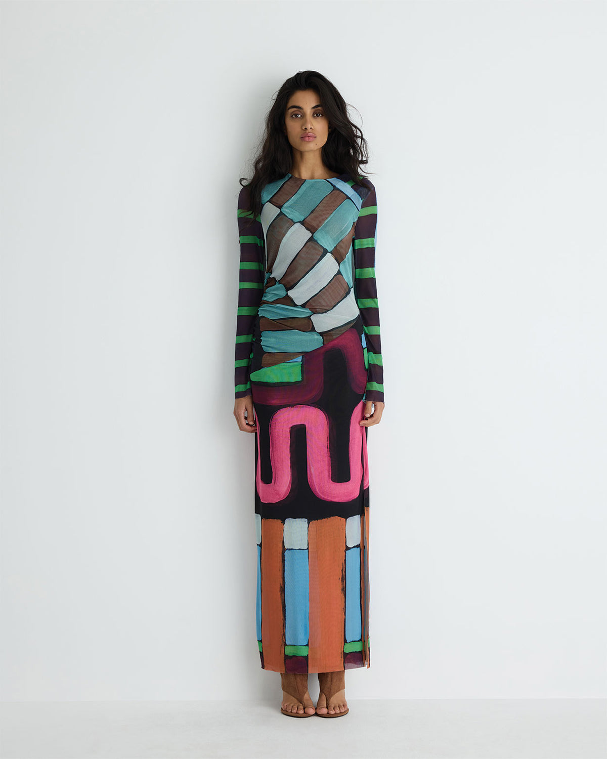 Portia Dress in multicolour print polyester mesh, front view on model.