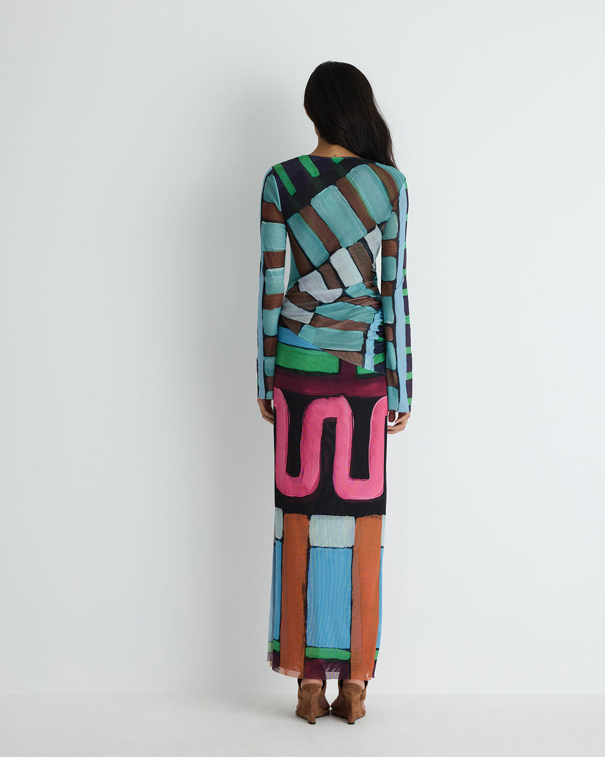 Portia Dress in multicolour print polyester mesh, side view on model.