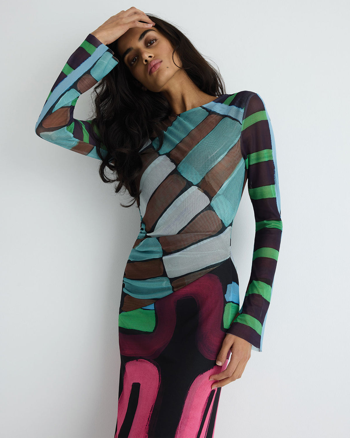 Portia Dress in multicolour print polyester mesh, front close-up on model.